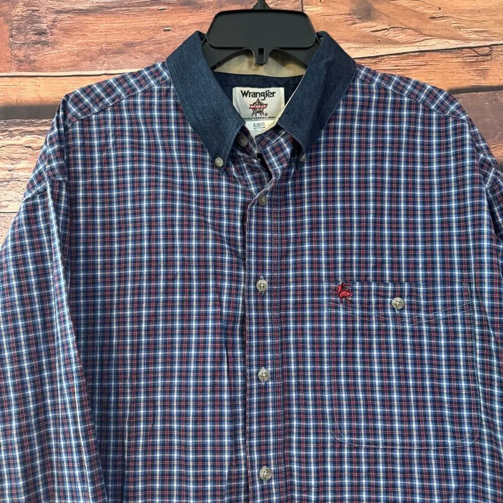 Wrangler PBR Men's Casual Button-Down Shirt Blue Red Plaid XL 100% Cotton